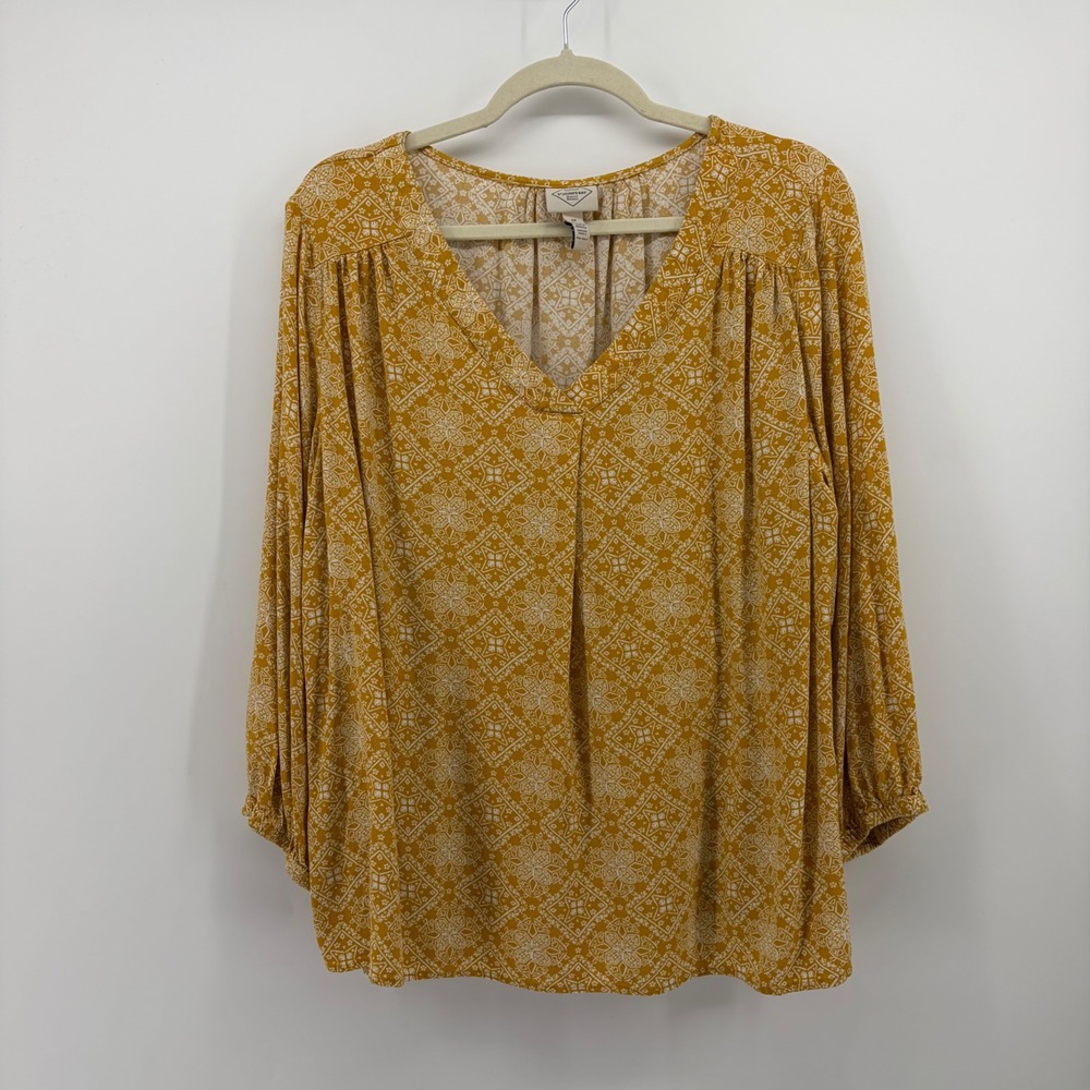 St. John's Bay Womens 0X Yellow Peasant Blouse Geometric V-Neck Rayon Top
